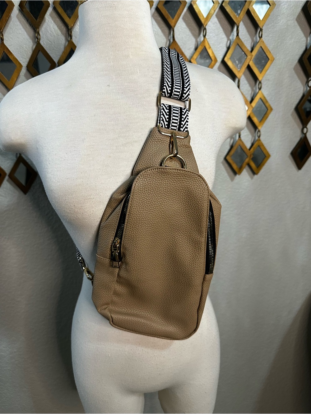 NWT Pebbled Fabric Sling Bag – Taupe Crossbody with Chevron Strap